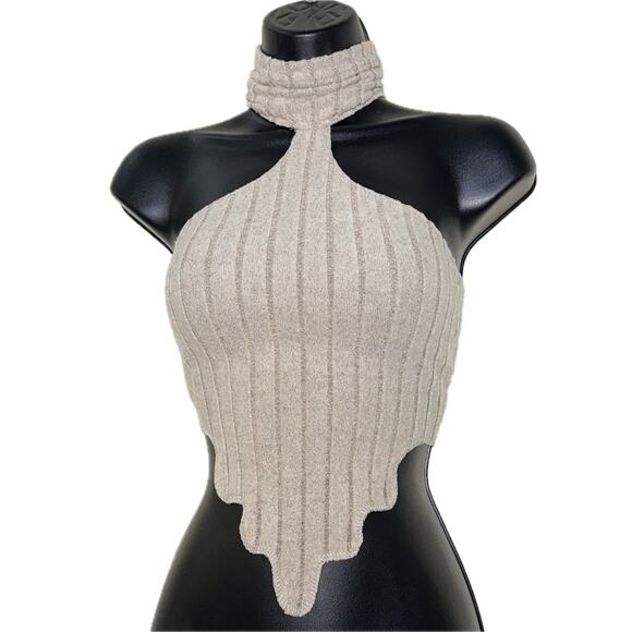 New S Khaki Gray Beige Sleeveless Turtleneck Ribbed Drip Hem Crop Triangle Top‎ - Picture 1 of 3